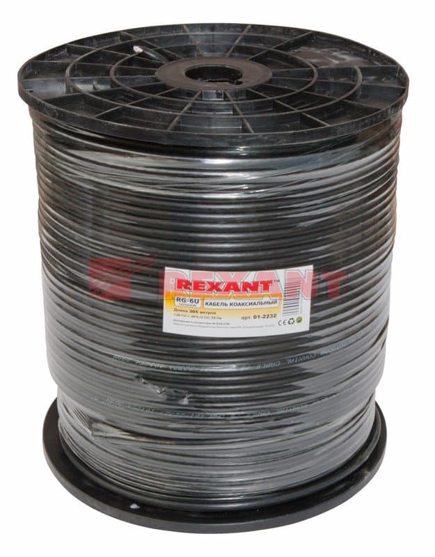 Кабель RG-6U+CU, (64%), 75 Ом, 305м., черный (OUTDOOR) Rexant 01-2232 — миниатюра 2