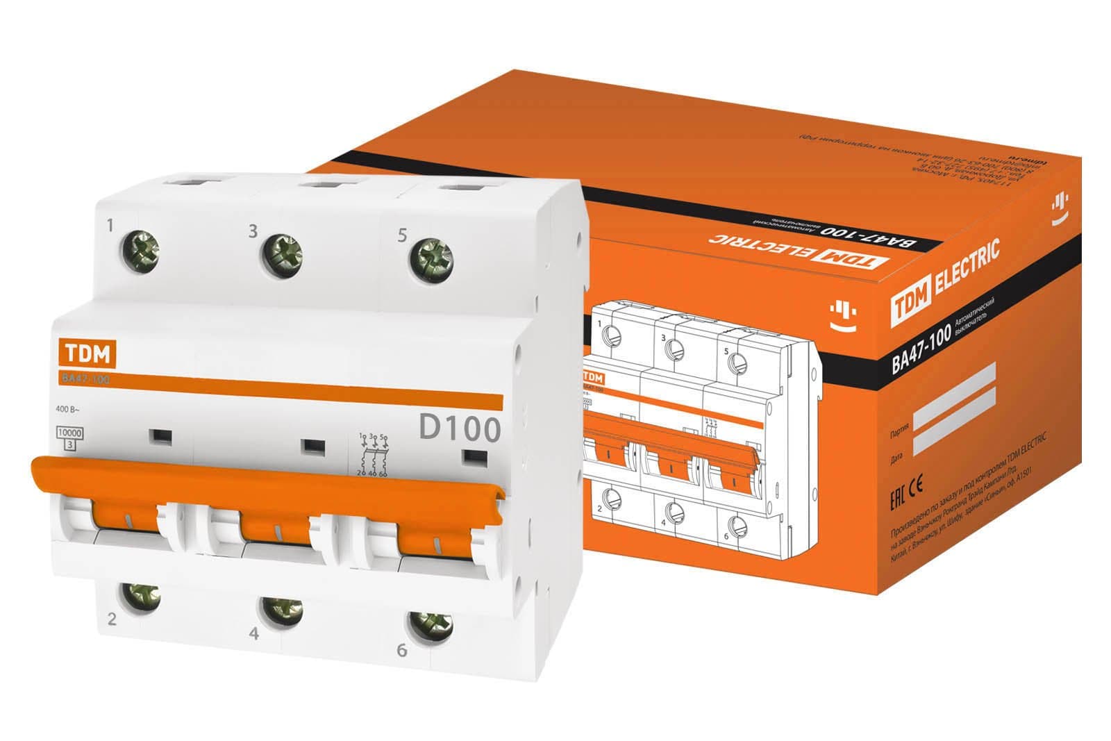 TDM Авт. выкл. ВА47-100 3Р 100А 10кА х-ка D SQ0207-0033