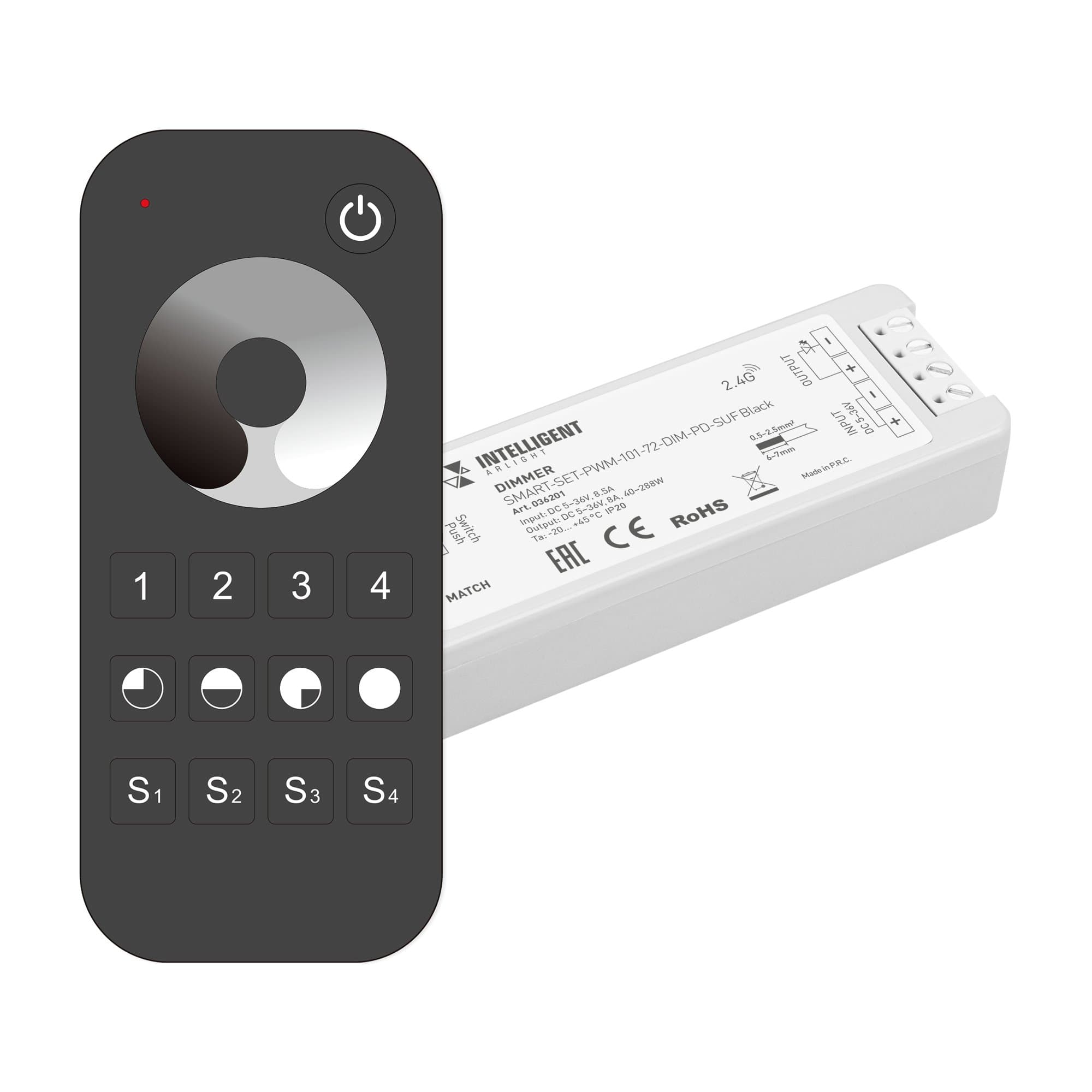 Arlight INTELLIGENT ARLIGHT Диммер SMART-SET-PWM-101-72-DIM-PD-SUF Black (5-36V, 1x8A, x4, ПДУ 13кн, 2.4G) (IARL, IP20 Пластик, 5 лет) 036201