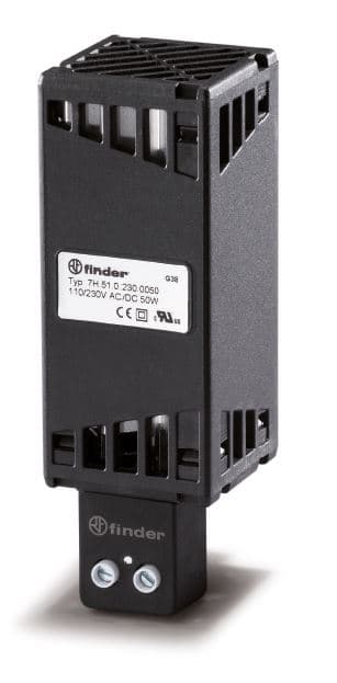 Finder Щитовые электронагреватели; электропитание 110…250В AC/DC; тепловая мощность 50Вт; установка на рейку 35мм; степень защиты IP20 7H5102300050