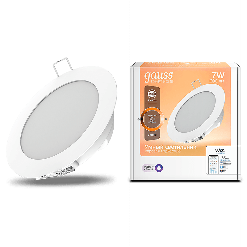 Gauss Светильник даунлайт Smart Home 7W 600lm 2700К 220-240V IP20 105*35мм диммируемый LED 2010122