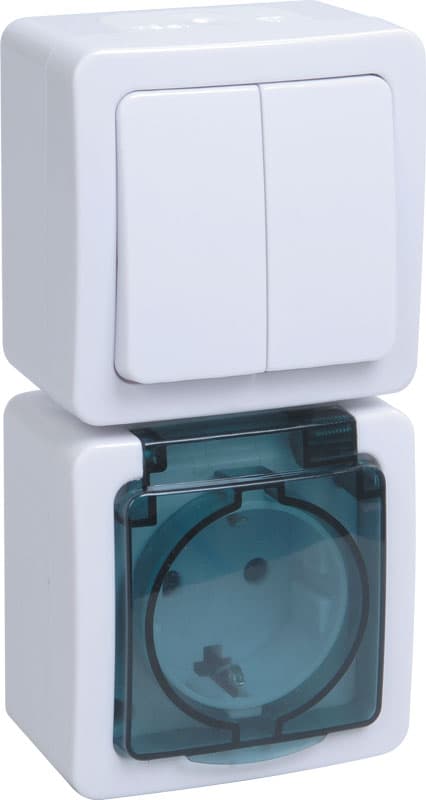IEK GERMES PLUS БВб-22-32-ГПБд блок "выкл 2кл + розетка 1м с з/к" о/у IP54 (кл.бел./кр.дым.)