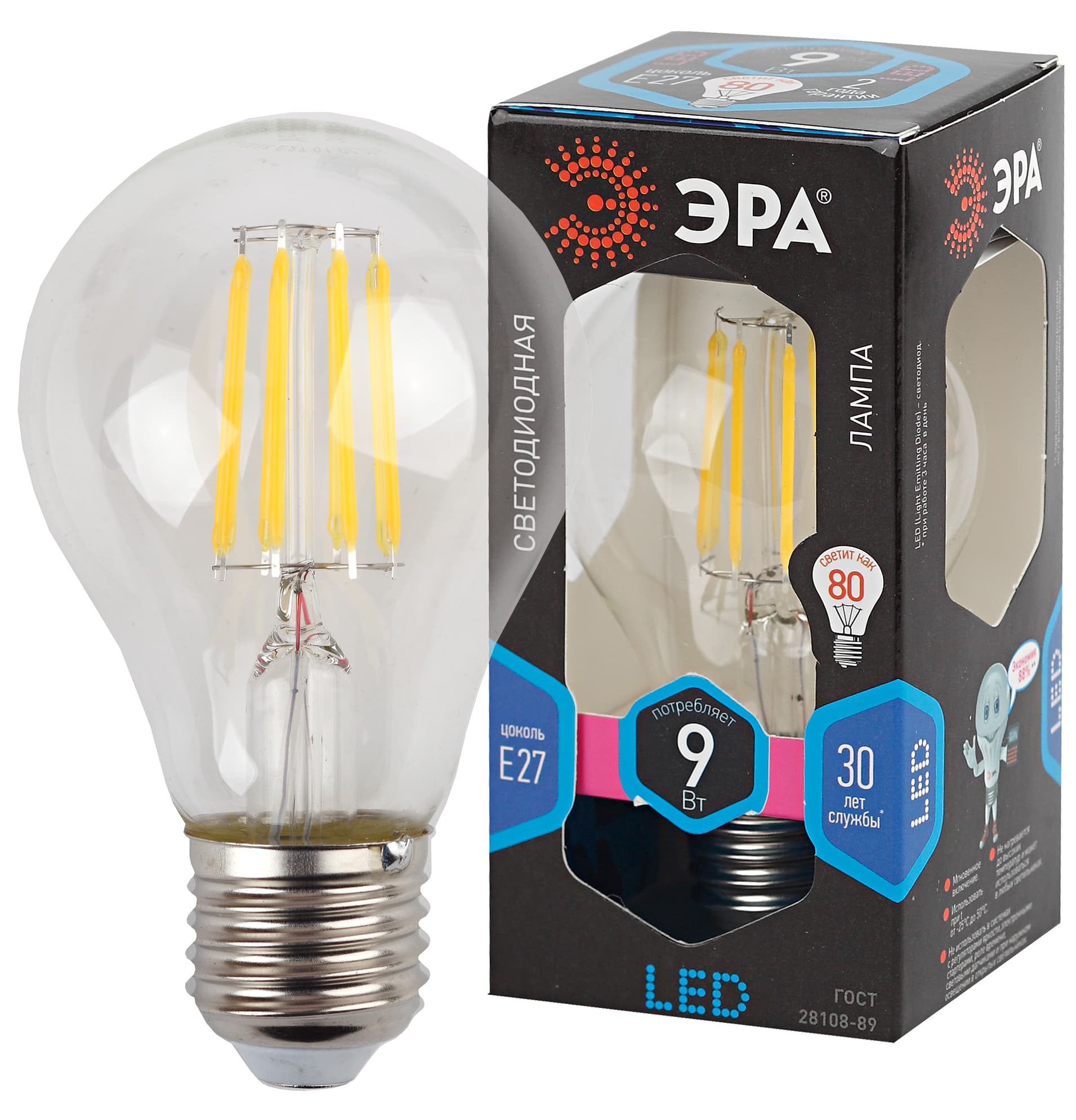 ЭРА F-LED A60-9W-840-E27 Лампа (филамент, груша, 9Вт, нейтр., Е27)