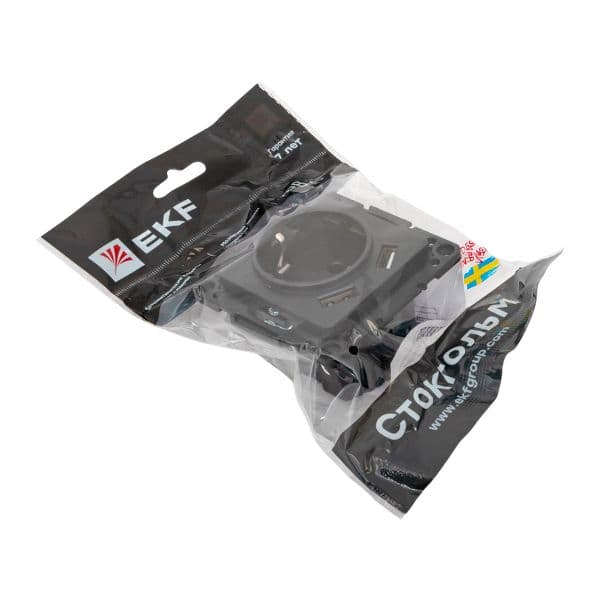 EKF Стокгольм Механизм Розетки 1-местной с/з, USB 2A 16А винтовые клеммы черный с защ. штор — миниатюра 9