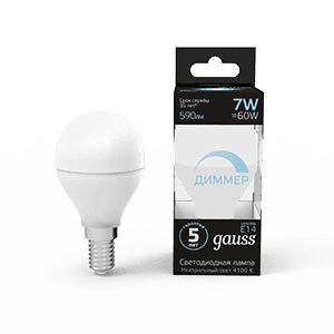 Gauss Лампа Шар 7W 590lm 4100К Е14 диммируемая LED 105101207-D