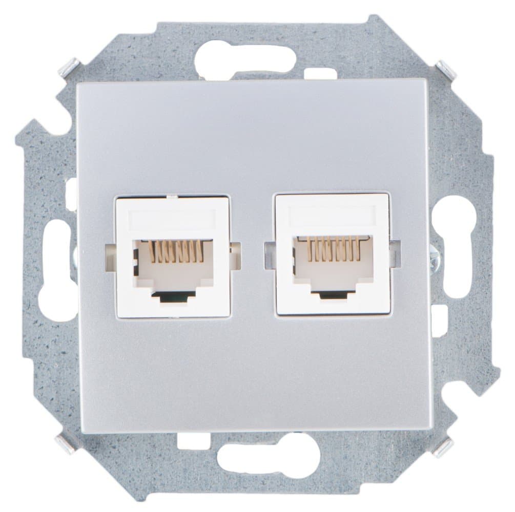 Simon 15 Алюминий Розетка компьютерная 2-ая RJ45 кат.5е 1591593-033 — миниатюра 1