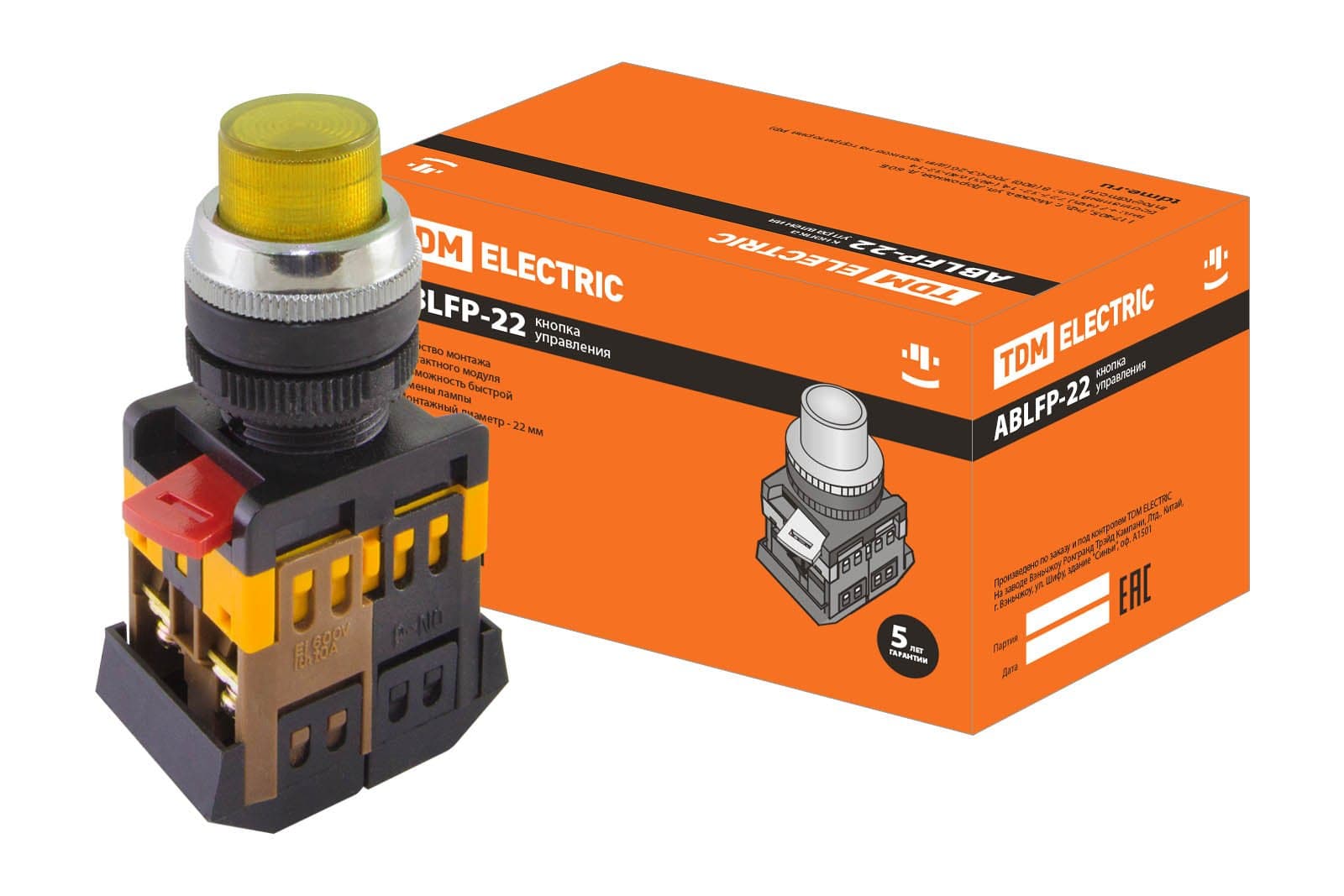 TDM Кнопка ABLFP-22 желтый d22мм неон/230В 1з+1р SQ0704-0031