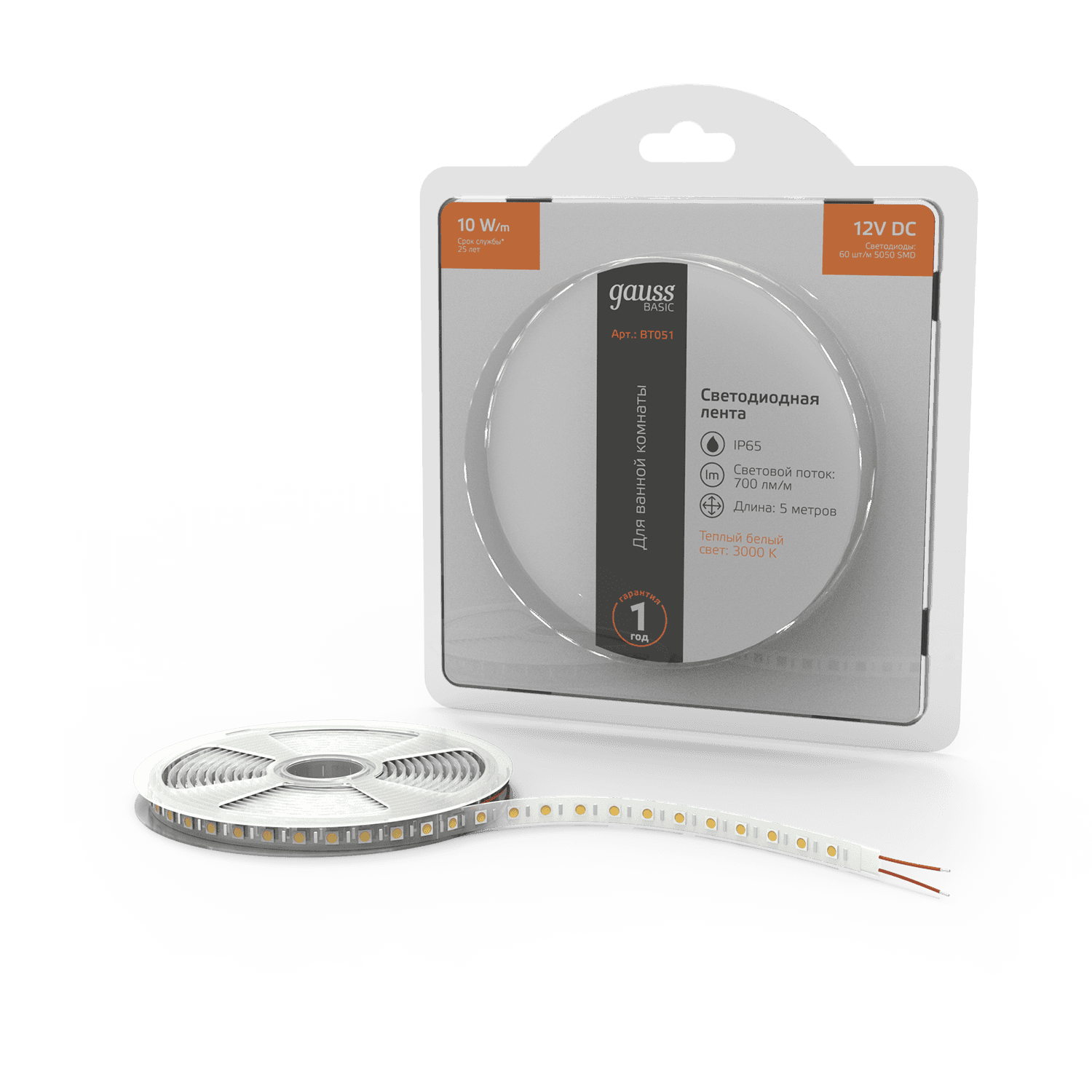 Gauss Лента Basic 12V 10W/m 700lm/m 3000K IP65 LED 5m 1/100 BT051 — миниатюра 8