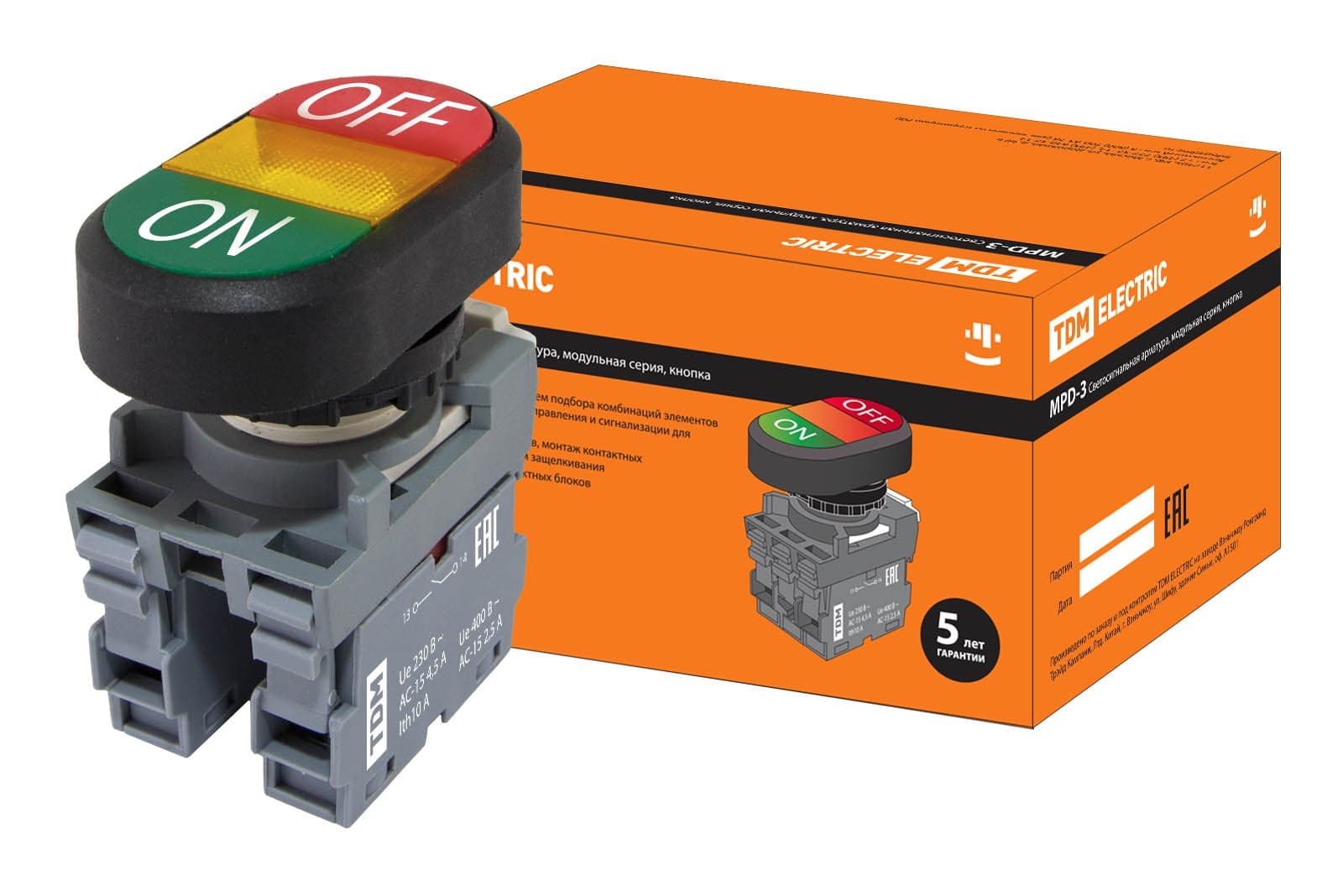 TDM Кнопка двойная MPD3-11Y (зеленая/красная) (LED) в сборе d22мм/24В (ON/OFF) линза желтая SQ0747-0064