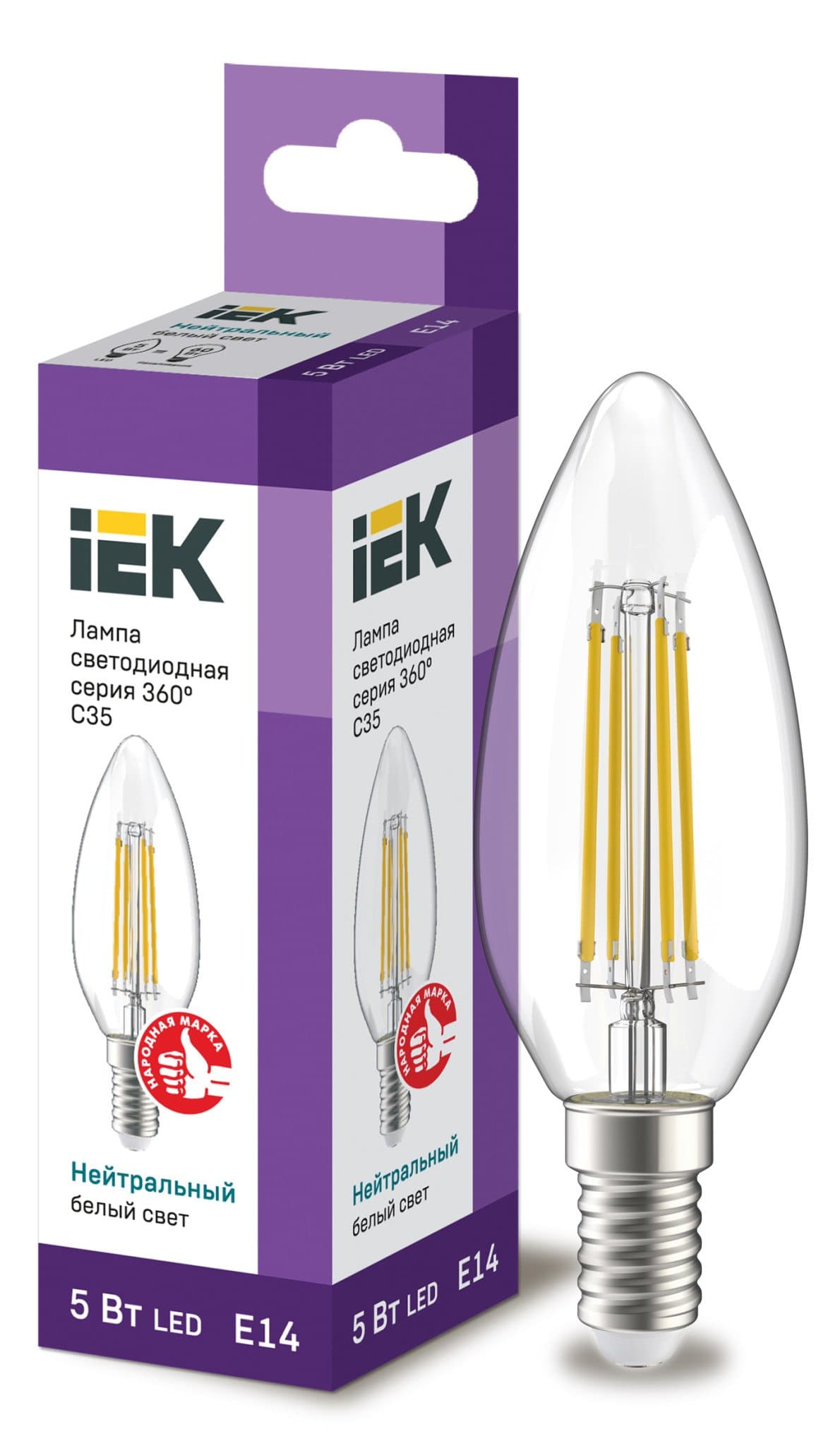IEK Лампа LED C35 свеча прозрачный 5Вт 230В 4000К E14 серия 360°