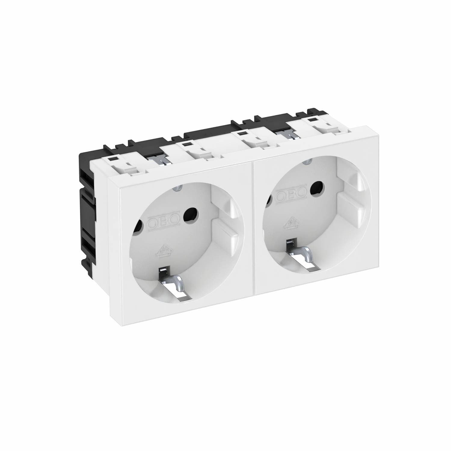 OBO Bettermann Розетка силовая 0° двойная 2х2К+З, 2 модуля Modul45, 45х90 мм, со шторками, 16А 250В белая 6120022
