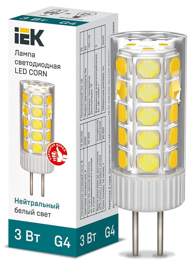 IEK Лампа LED CORN капсула 3Вт 12В 4000К керамика G4