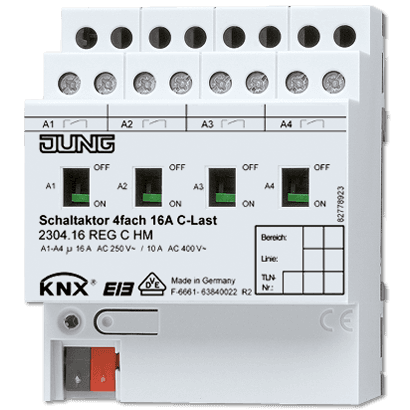 JUNG KNX Актор 4-х канальный 220V AC 12-24V DC 16 A возм ручн упр DIN-рейка 2304.16REGCHM