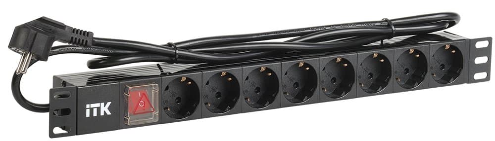 IEK ITK PDU Блок: 8 розеток, с выкл. 1U каб.2м, вилка ПВХ чер., немецкий стандарт PH12-8D1-P — миниатюра 1