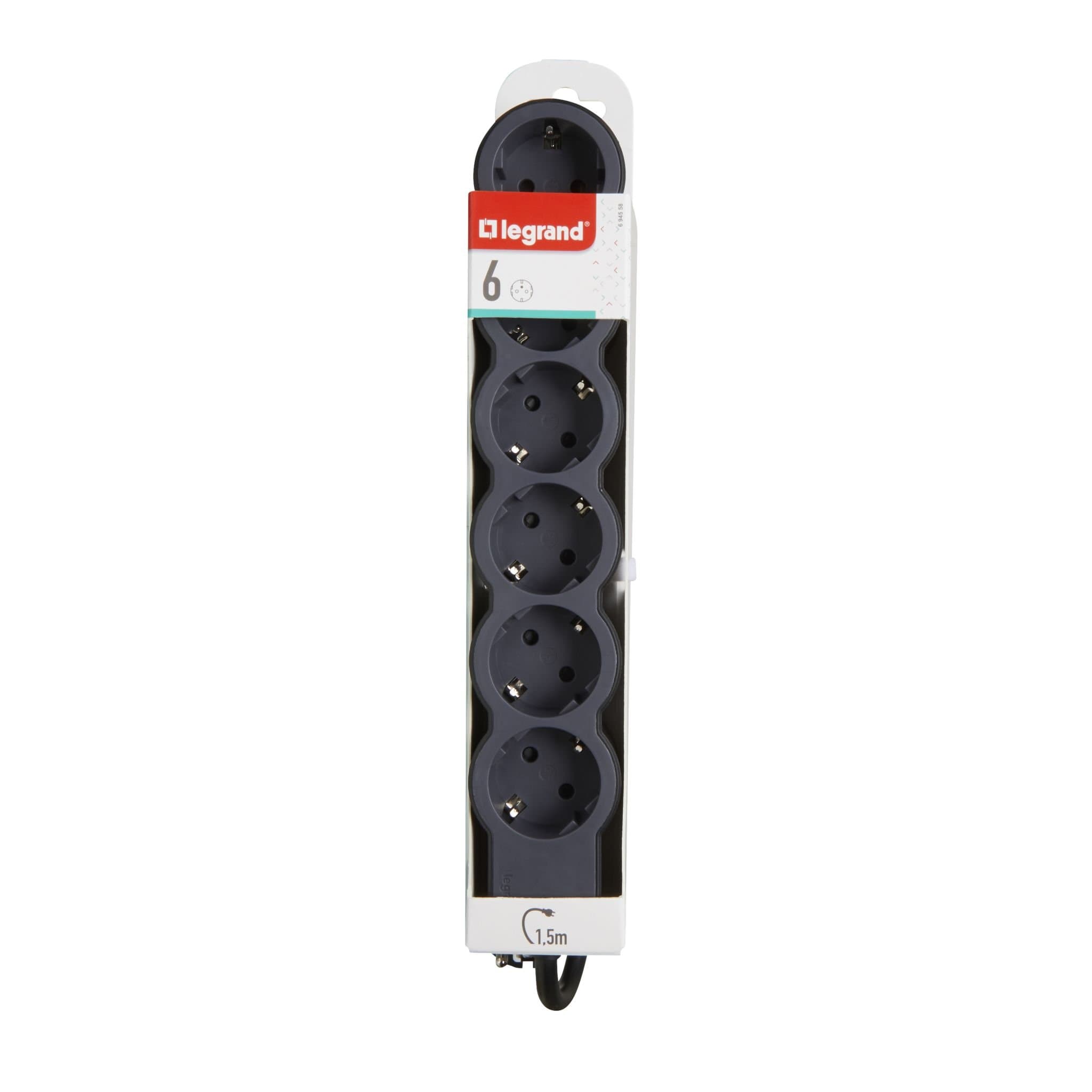 Legrand Revolution Стандарт Черный Удлинитель 6x2К+З, кабель 1,5м 694558 — миниатюра 2