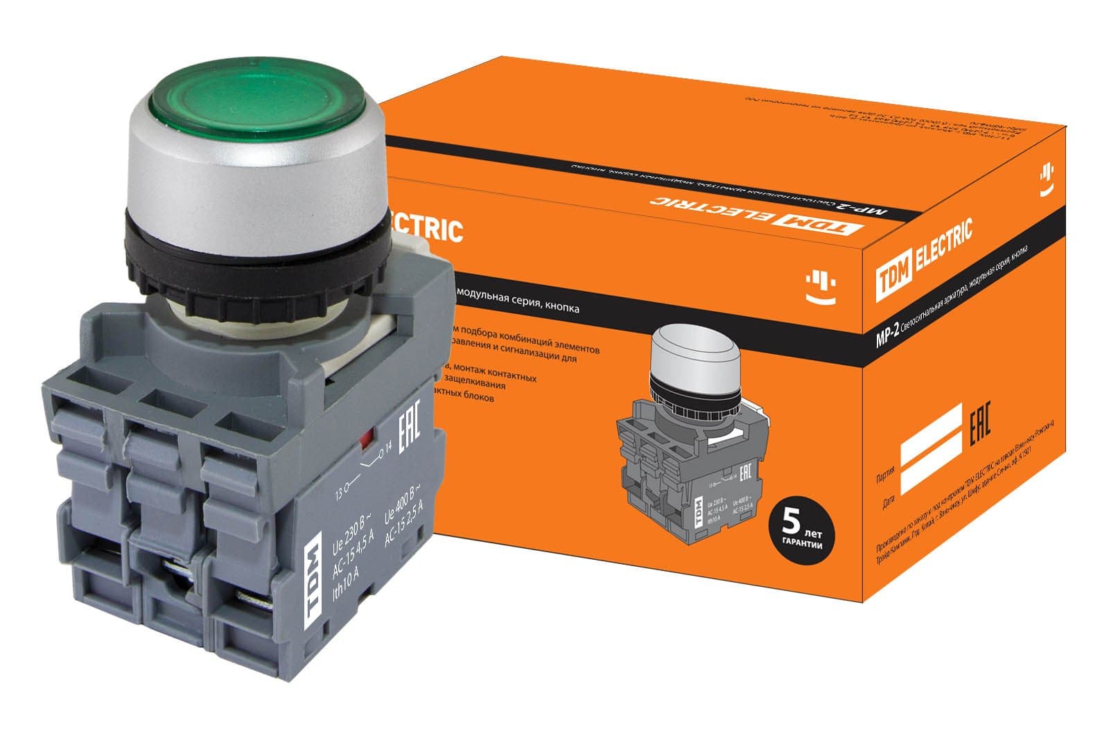 TDM Кнопка с фиксацией MP2-21G(LED) в сборе d22мм/220В 1з+1р зеленая SQ0747-0022