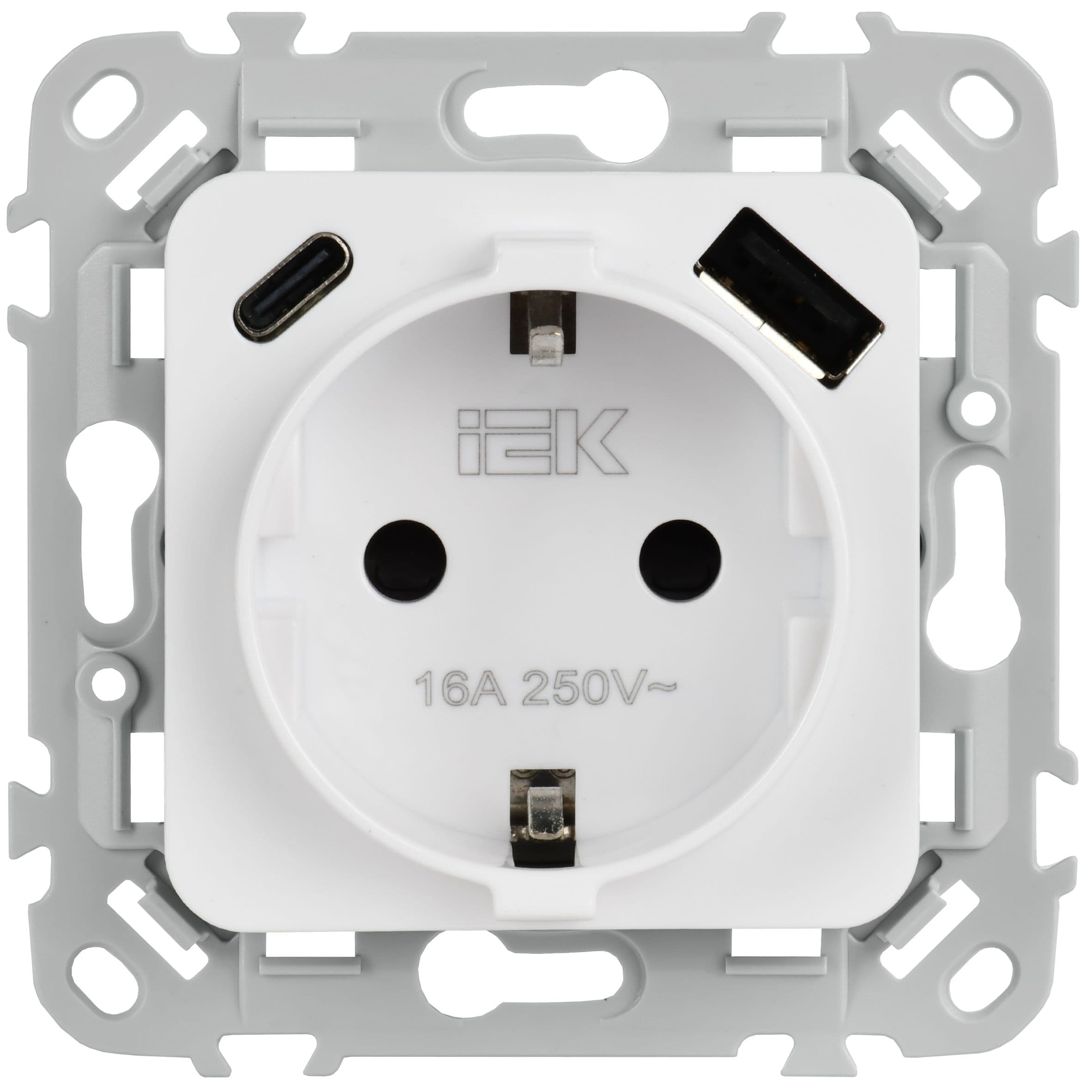 IEK FLITE Белый Розетка 1-местная с заземлением с защитными шторками 16А с USB A+C 20Вт безвинтовое крепление — миниатюра 2