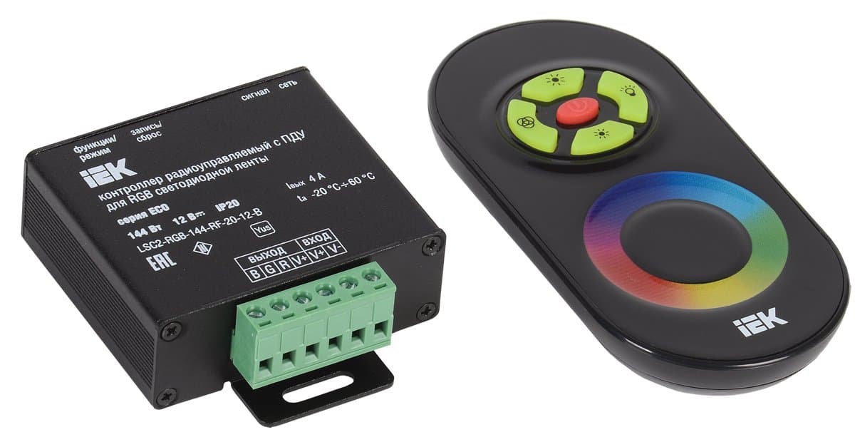 IEK Контроллер с ПДУ радио RGB 3 канала 12В 4А 144Вт черный