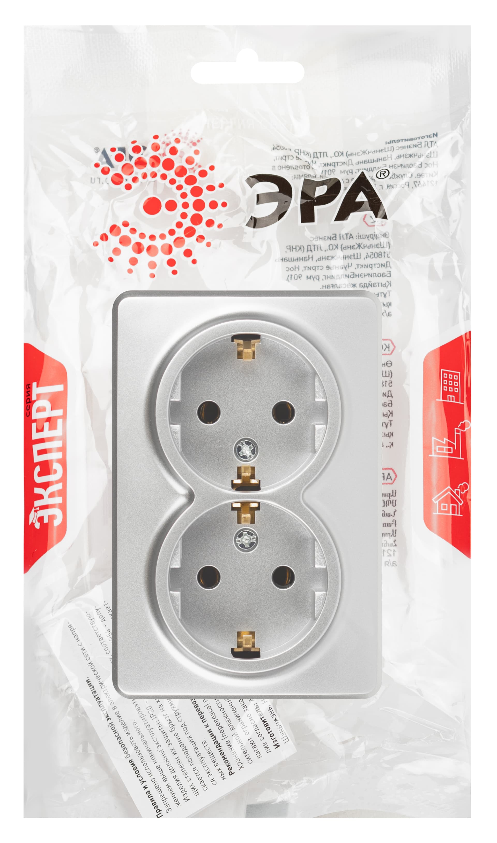 ЭРА Розетка Эксперт 11-2205-03 двойная с заземлением 2х2P+E Schuko IP20 16A-250В ОУ алюминий — миниатюра 2