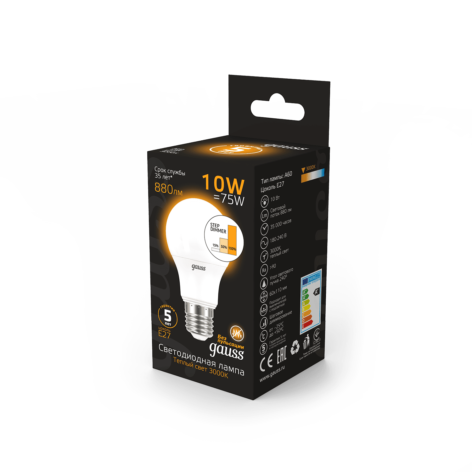 Gauss Лампа A60 10W 880lm 3000K E27 шаг. диммирование LED 102502110-S — миниатюра 4