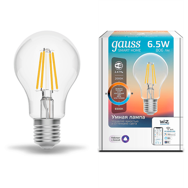 Gauss Лампа Smart Home Filament А60 6,5W 806lm 2000-6500К E27 изм.цвет.темп.+дим. LED 1220112