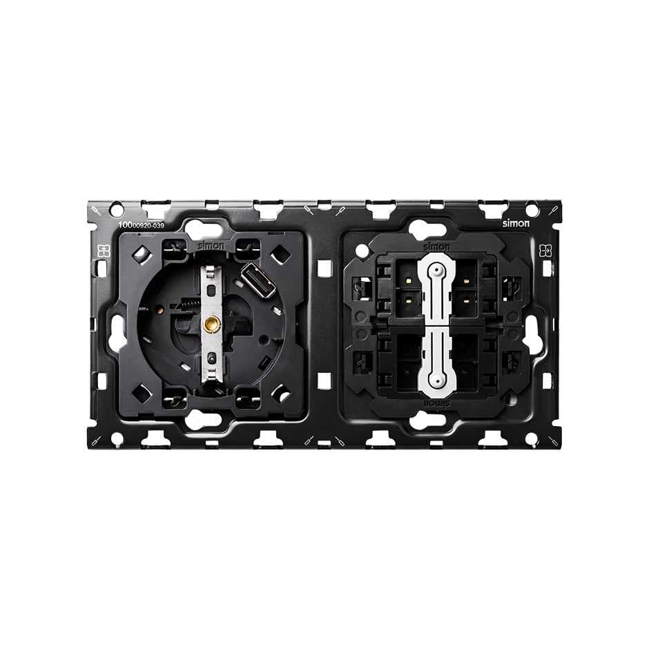 Simon 100 Кит 2 поста механизм 1 розетка Schuko с з/у USB SC 2.1А + 2 переключателя (проходные) + суппорт 10010212-039