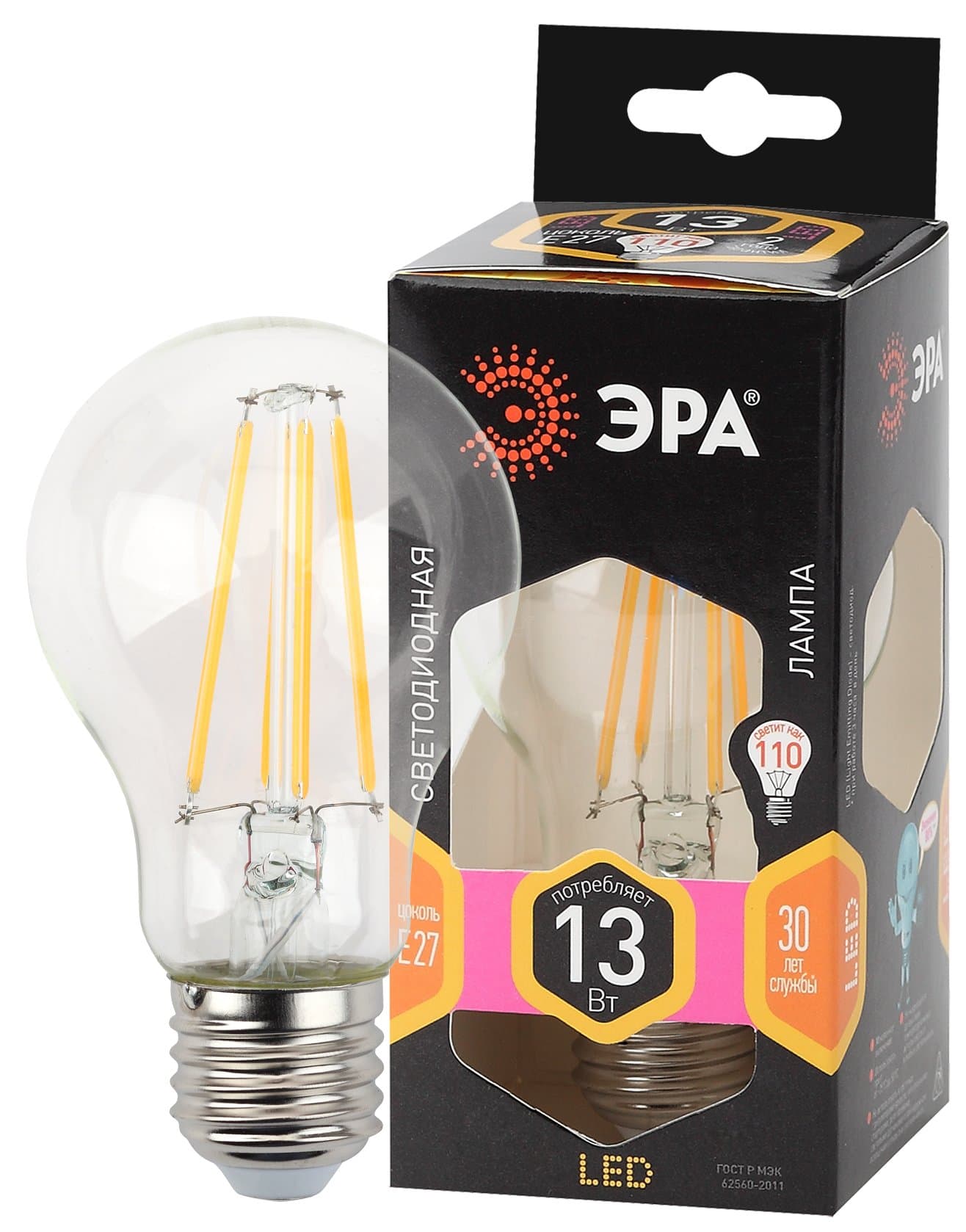 ЭРА F-LED A60-13W-827-E27 (филамент, груша, 13Вт, тепл., Е27)