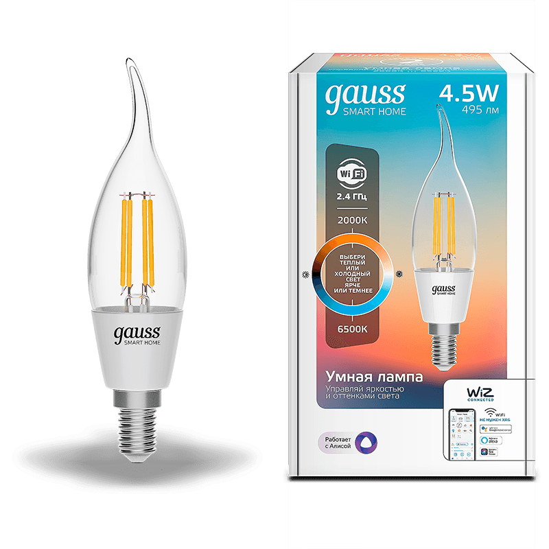 Gauss Лампа Smart Home Filament СF35 4,5W 495lm 2000-6500К E14 изм.цвет.темп.+дим. LED 1280112