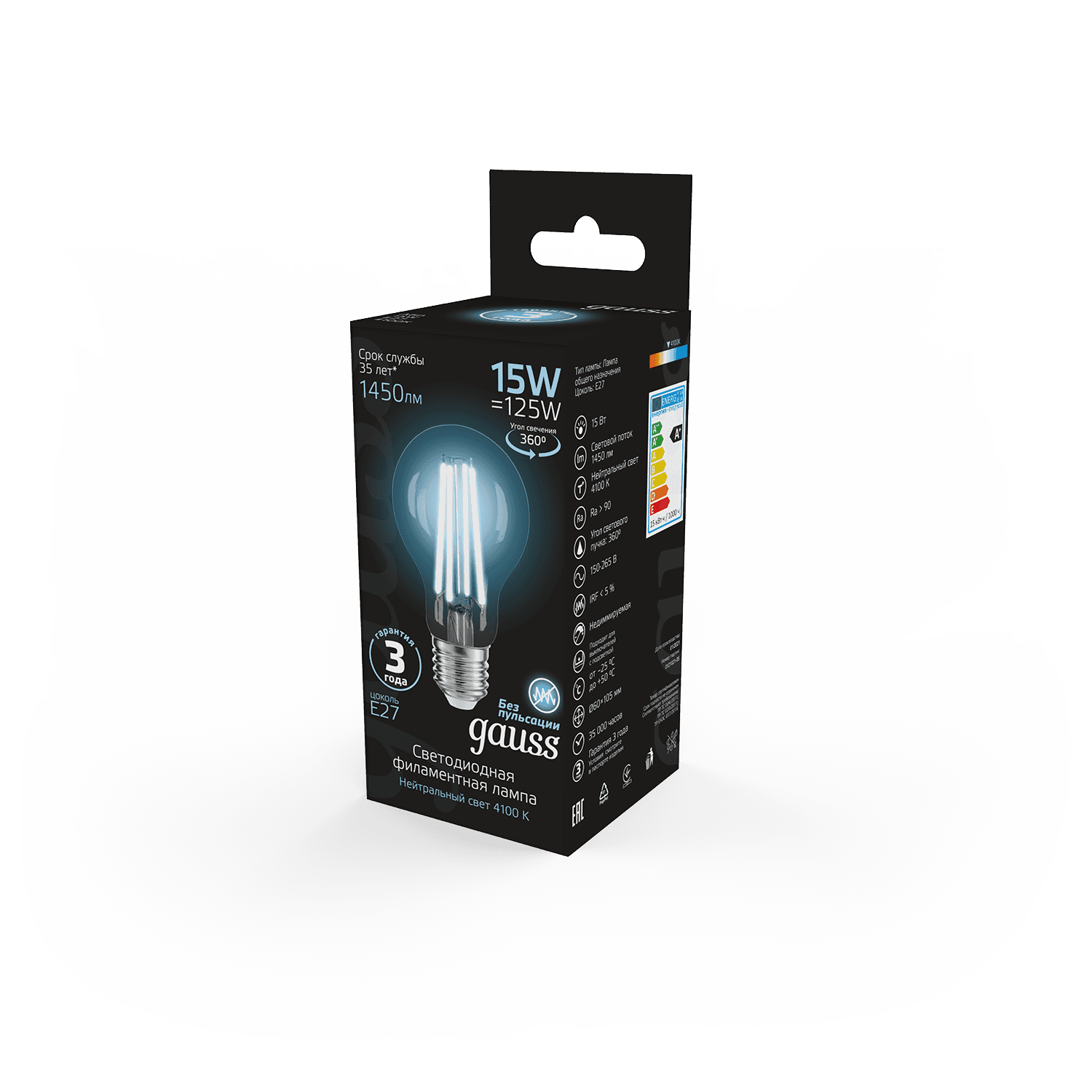 Gauss Лампа Filament А60 15W 1450lm 4100К Е27 LED 102902215 — миниатюра 4