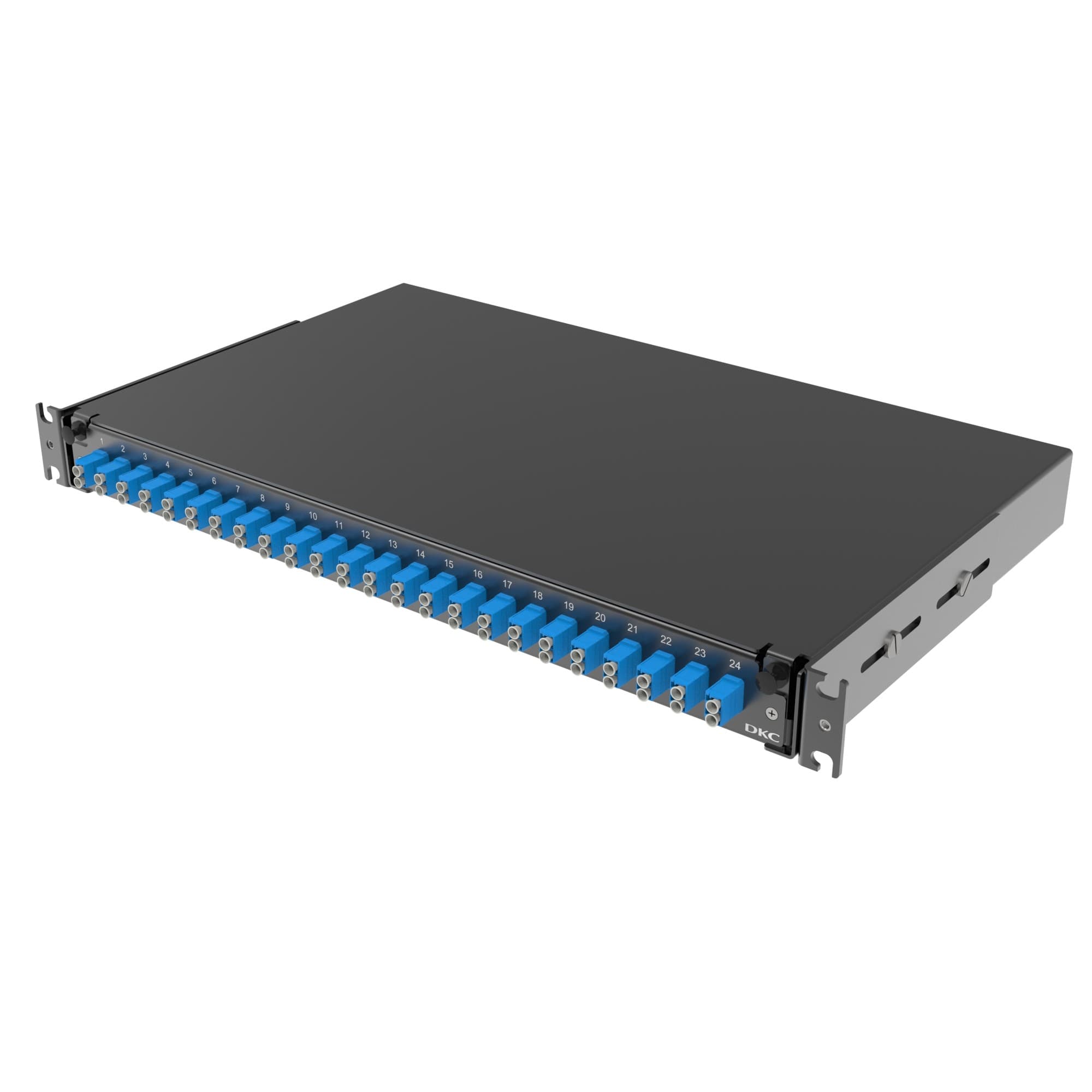 DKC Оптическая полка выдвижная 1U с адатерами 24 х duplex LC OS2 в комплекте с лицевой панелью, пигтейлами, сплайс-кассет(ой/ами) и гильзами КДЗС — миниатюра 1
