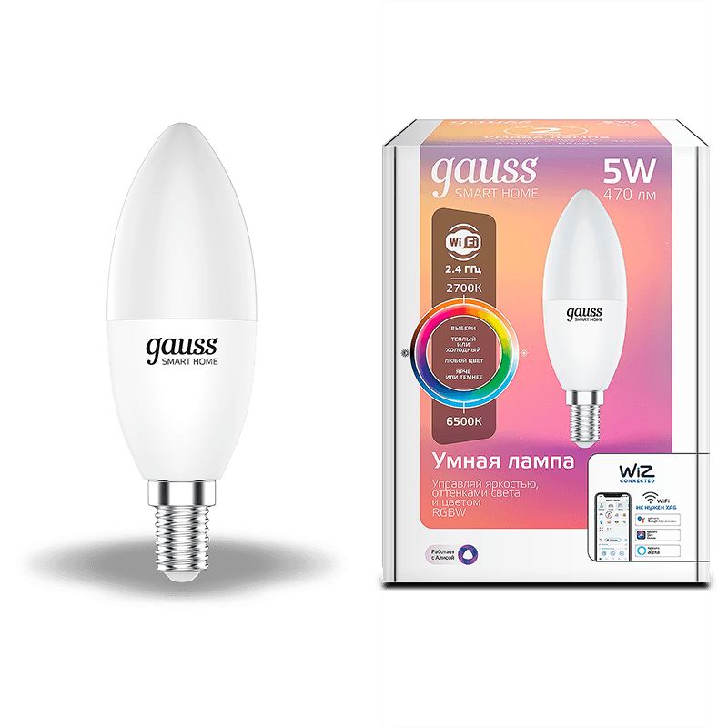 Gauss Лампа Smart Home С37 5W 470lm 2700-6500К Е14 RGBW+изм.цвет.темп.+диммирование LED 1190112