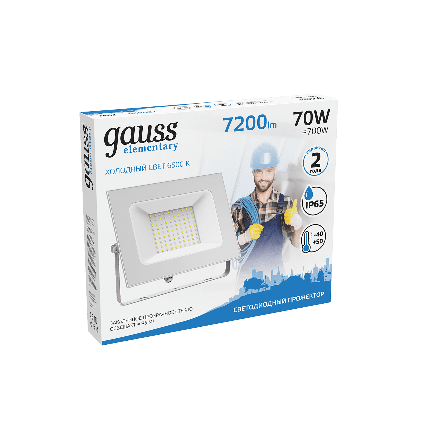 Gauss Прожектор Elementary 70W 7200lm 6500K 175-265V IP65 белый LED 613120370 — миниатюра 6