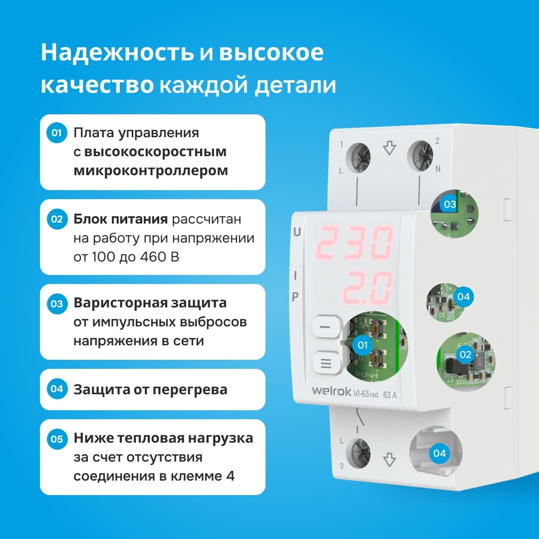 Welrok VI-63 red Реле напряжения 63 А max 80 A 13 900 ВА — миниатюра 4