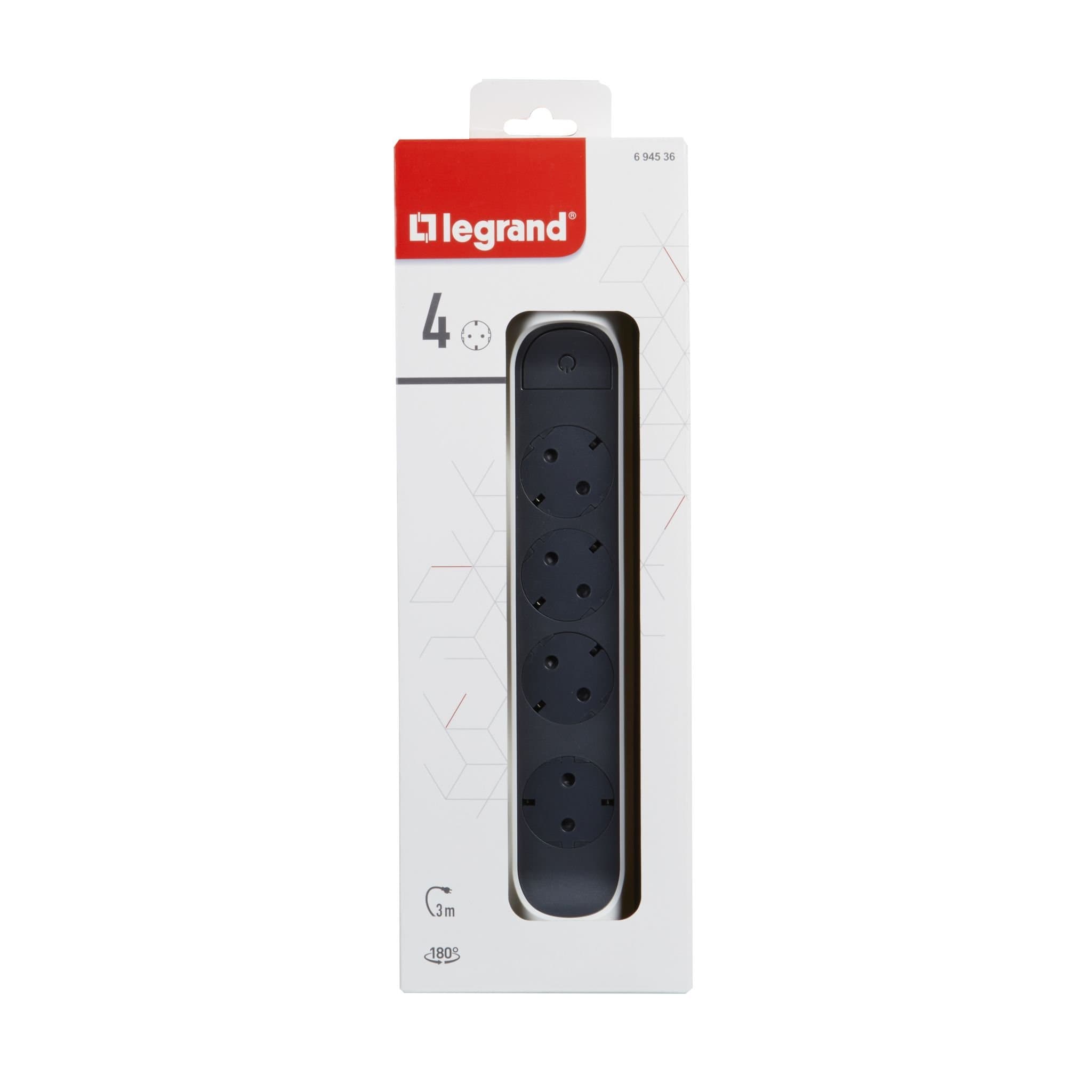 Legrand Revolution Комфорт Бело-черный Удлинитель 4x2К+З с выкл., кабель 3м, плоские розетки, фиксируемый поворотный блок 694536 — миниатюра 3