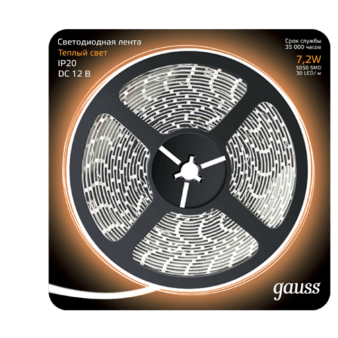 Gauss Лента LED 5050/30-SMD 7.2W 12V DC теплый белый (блистер 5м) 312000107 — миниатюра 1