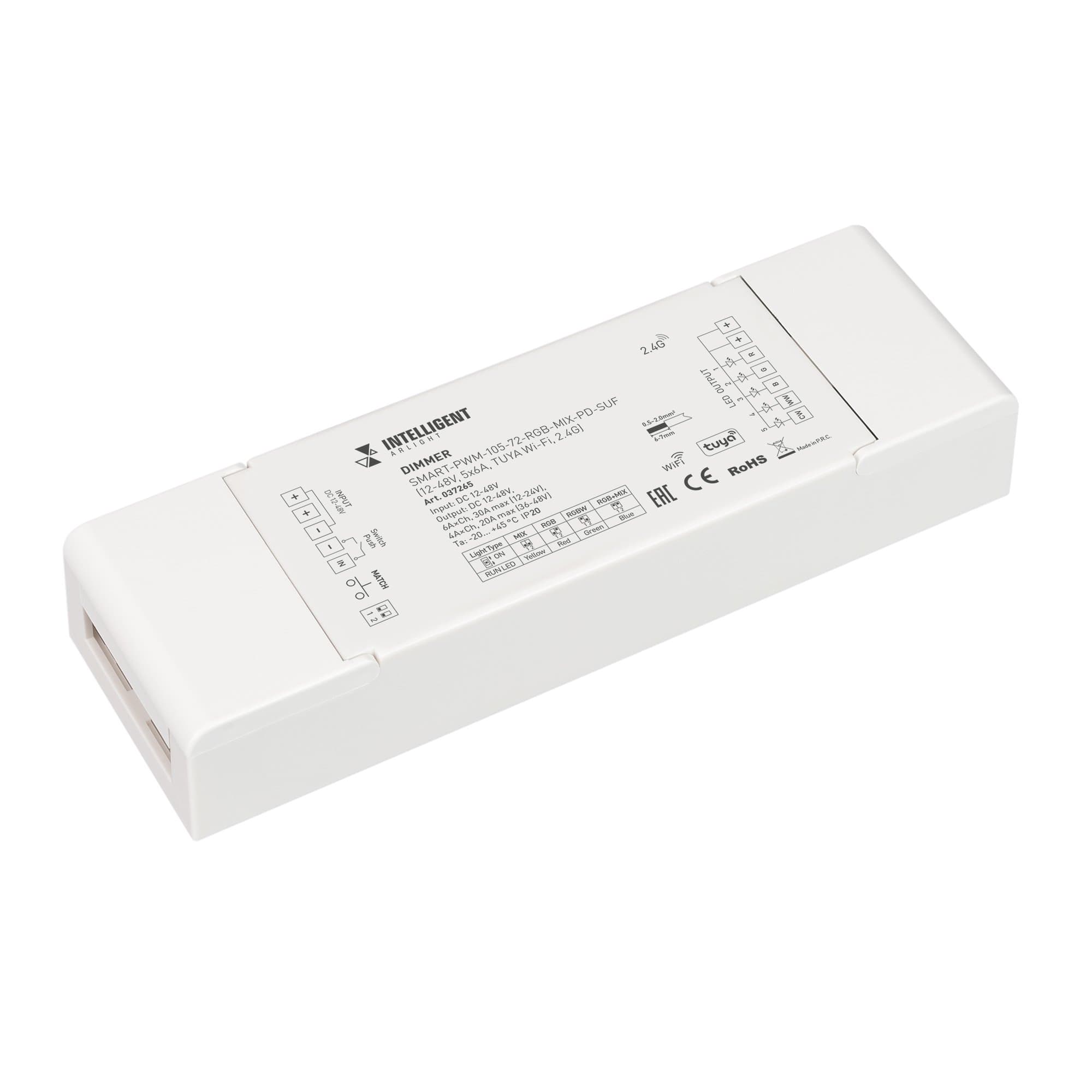 Arlight INTELLIGENT ARLIGHT Диммер SMART-PWM-105-72-RGB-MIX-PD-SUF (12-48V, 5x6A, TUYA Wi-Fi, 2.4G) (IARL, IP20 Пластик, 5 лет) 037265