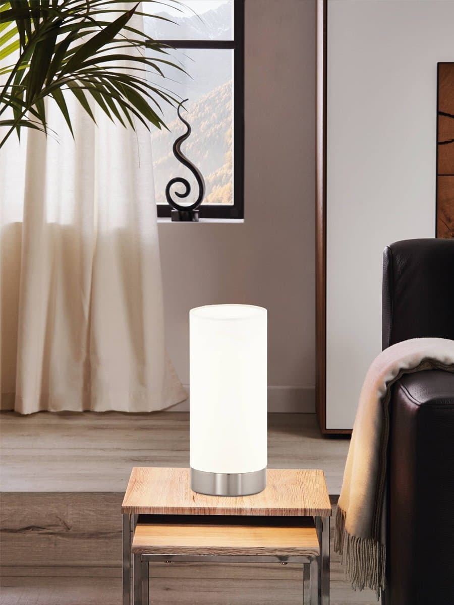 Eglo Лампа настольная DAMASCO 1, 1х60W(E27), Ø100, H215, сталь, никель матовый/cатиновое стекло, белый 95775 — миниатюра 2