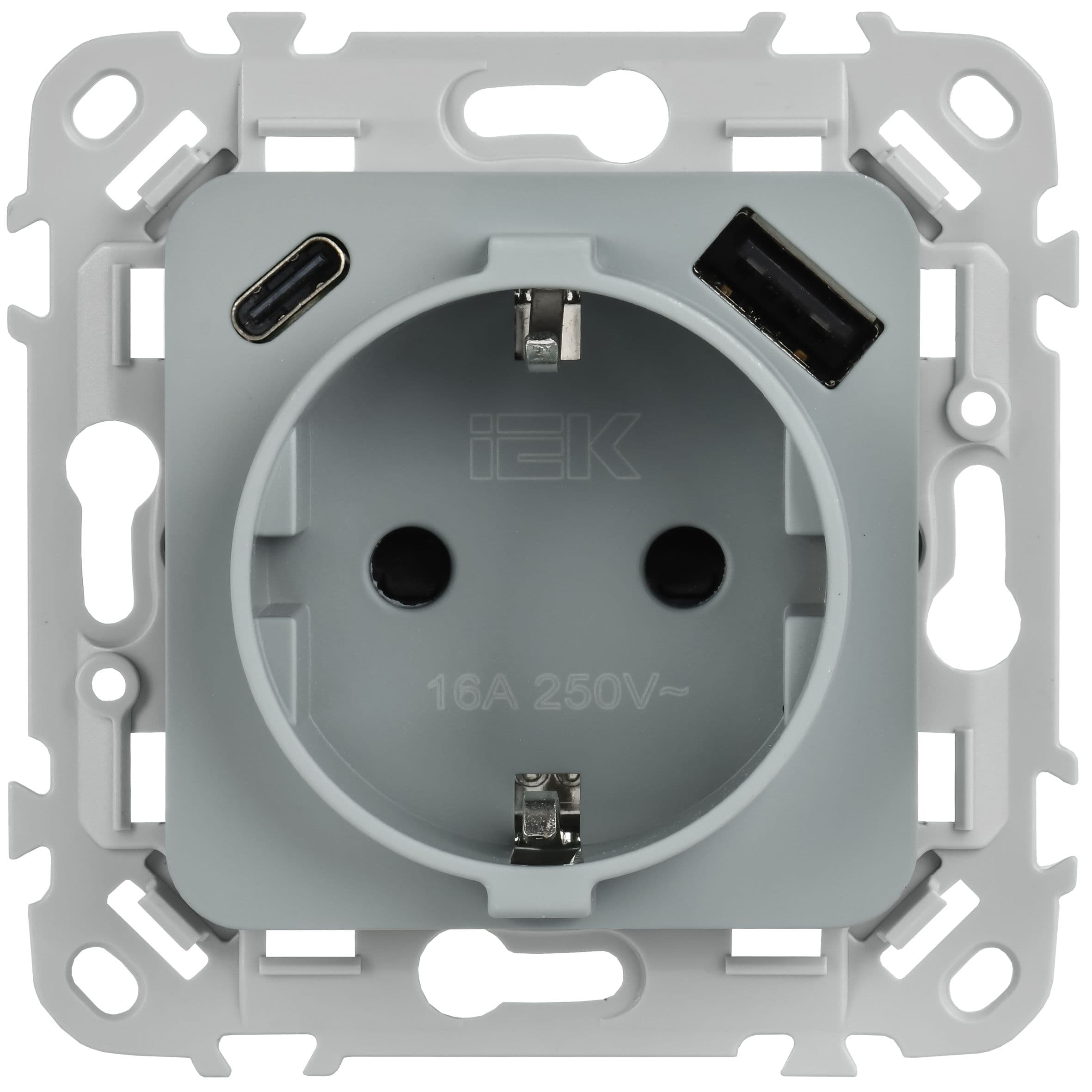 IEK FLITE Серый Розетка 1-местная с заземлением с защитными шторками 16А с USB A+C 20Вт безвинтовое крепление — миниатюра 2