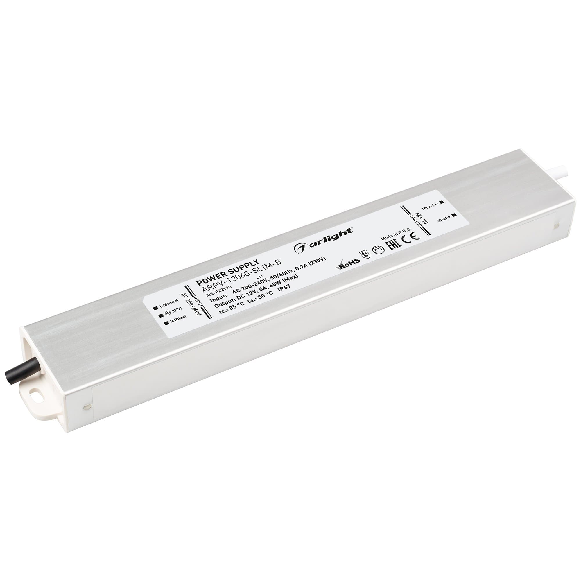 Arlight Блок питания ARPV-12060-SLIM-B (12V, 5.0A, 60W) (IP67 Металл, 3 года) 022192 — миниатюра 1