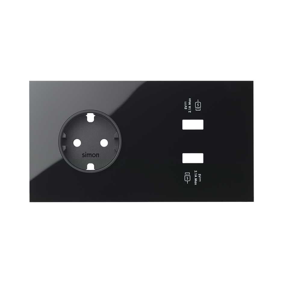 Simon 100 Черный глянец Кит 2 поста, фронт. Накладка на 1 розетку Schuko + 2 з/у USB SC 10020210-138