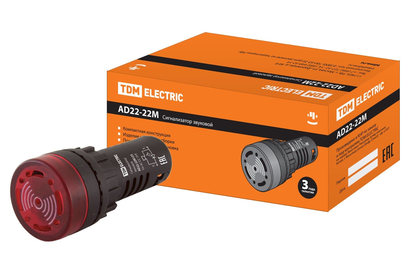 TDM Сигнализатор звуковой AD22-22M/r23 d22 мм (LED) индикация 24 В AC/DC красный SQ0746-0003