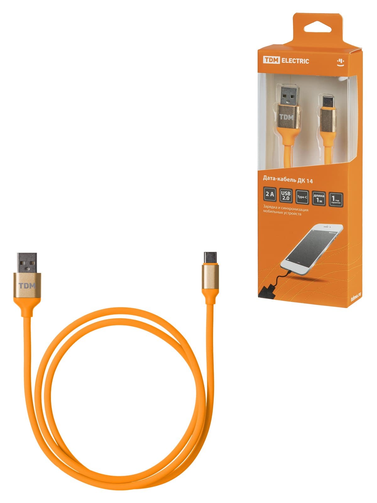 TDM Дата-кабель, ДК 14, USB - USB Type-C, 1 м, силиконовая оплетка, оранжевый, SQ1810-0314