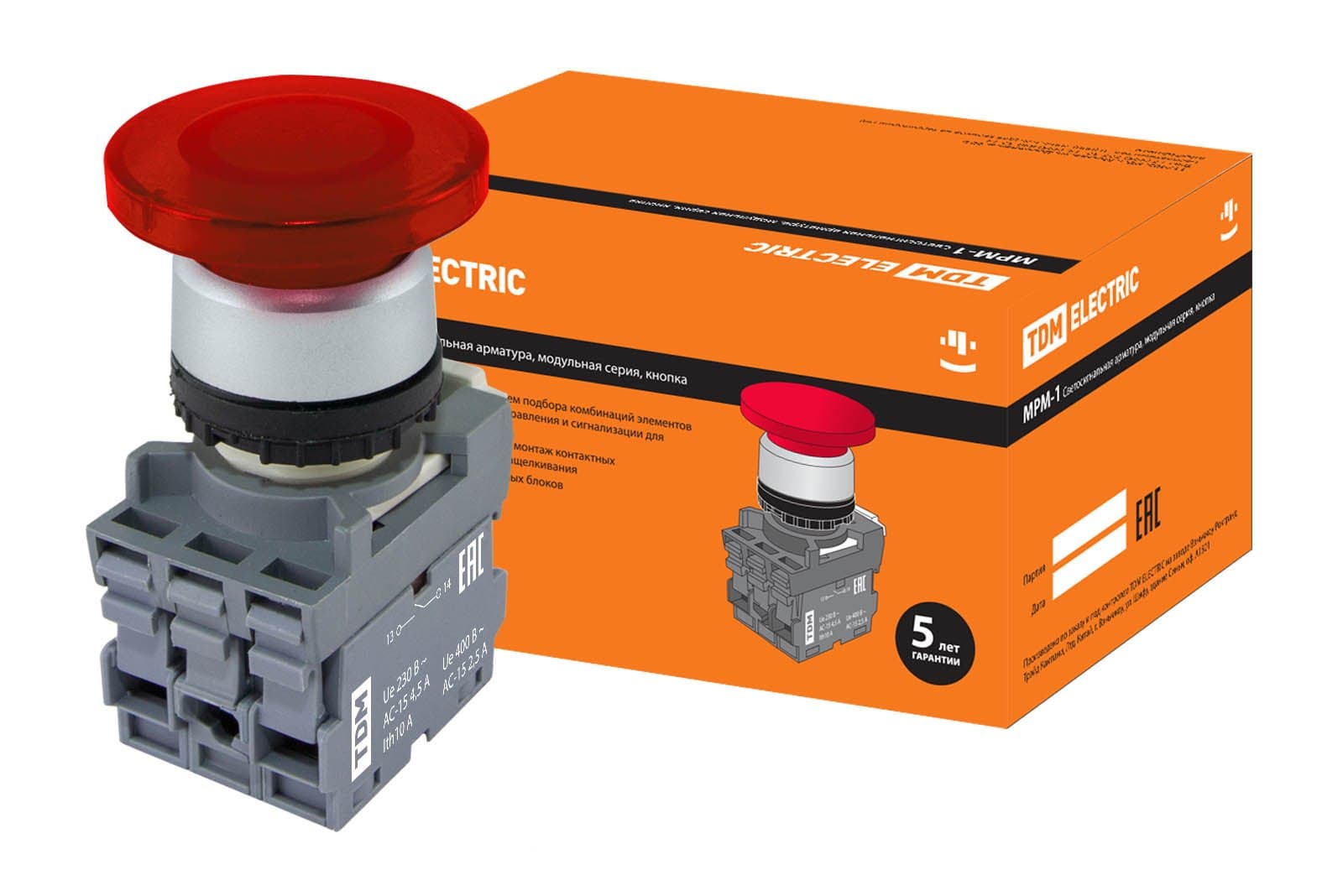 TDM Кнопка грибовидная МРМ1-11R(LED) в сборе d40мм/220B 1з+1р красная SQ0747-0033