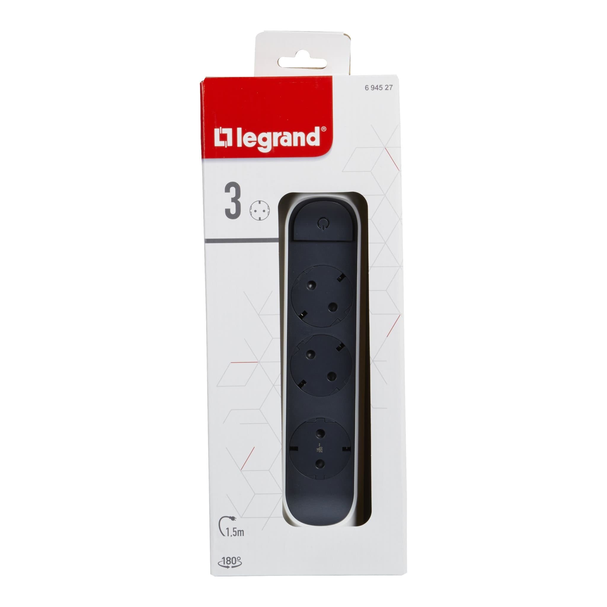 Legrand Revolution Комфорт Бело-черный Удлинитель 3x2К+З с выкл., кабель 1,5м, плоские розетки, фиксируемый поворотный блок 694527 — миниатюра 3