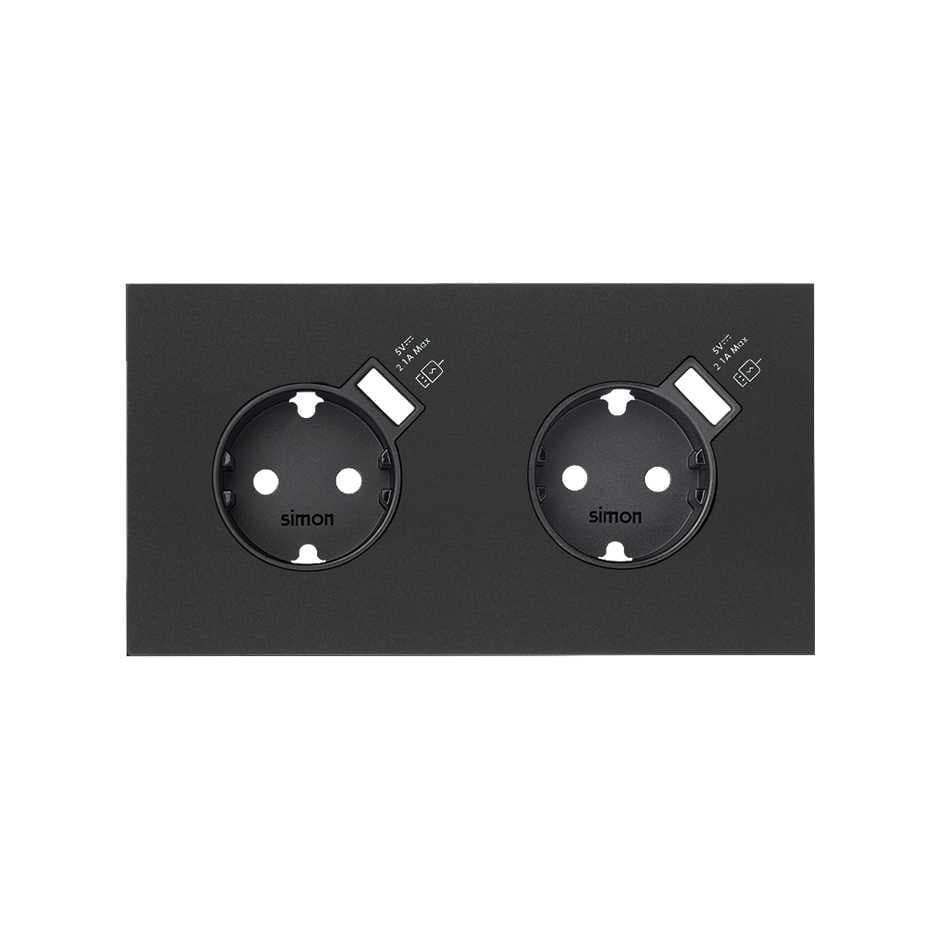 Simon 100 Черный матовый Кит 2 поста, фронт. Накладка на 2 розетки Schuko с з/у USB SC 10020211-238