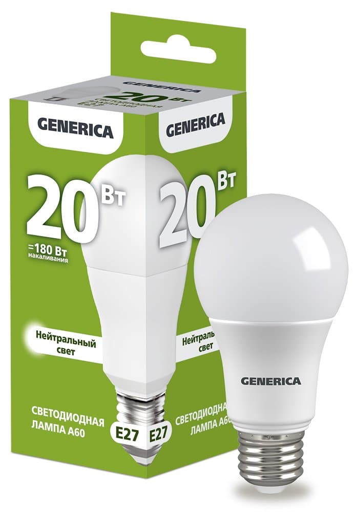IEK GENERICA Лампа LED A60 груша 20Вт 230В 4000К E27 LL-A60-20-230-40-E27-G
