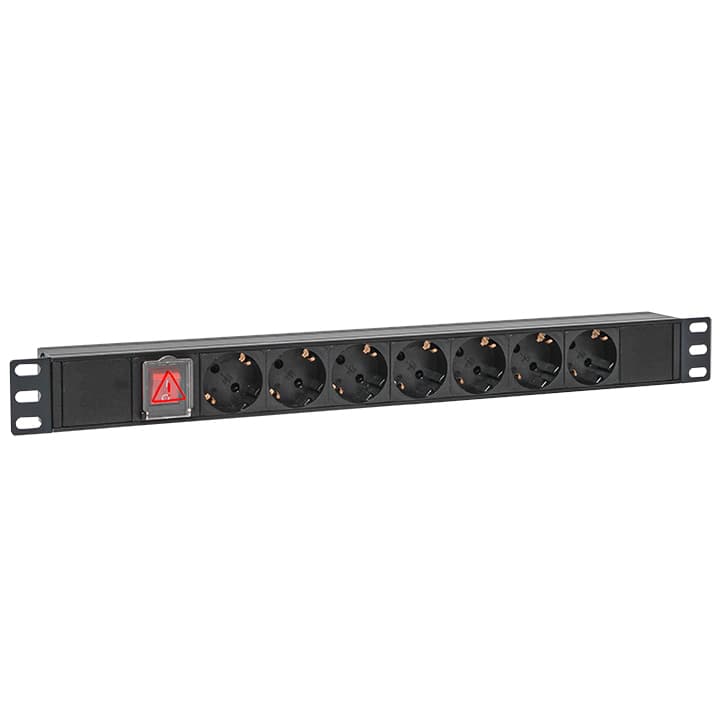 EKF Блок розеток PDU TERACOM PRO 19" 1U 10А/250В 7 розеток Schuko с выключателем без шнура питания входной разъем C14 корпус алюминий черный