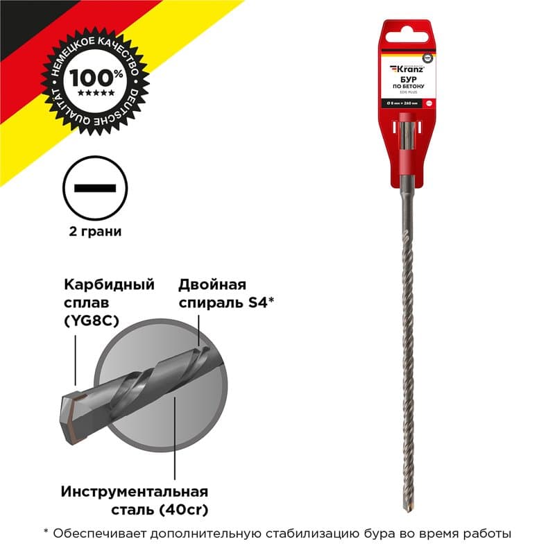 Бур по бетону 8x260x200 мм SDS PLUS Kranz KR-91-0814