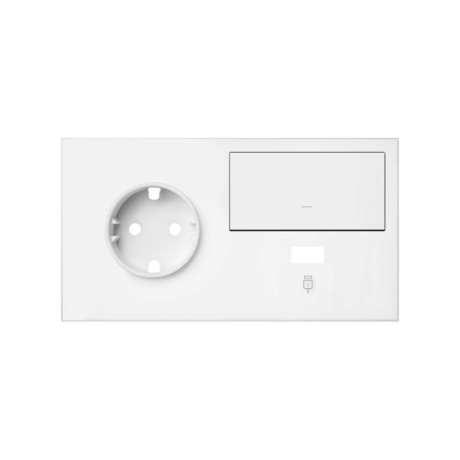 Simon 100 Белый матовый Кит 2 поста, фронт. Накладка на 1 розетку Schuko (слева) + 1 з/у USB SC + 1 клавиша выключателя 10020207-230