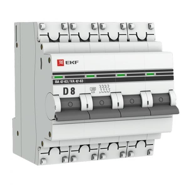 EKF PROxima ВА 47-63 Автоматический выключатель (D) 4P 8А 4,5kA mcb4763-4-08D-pro